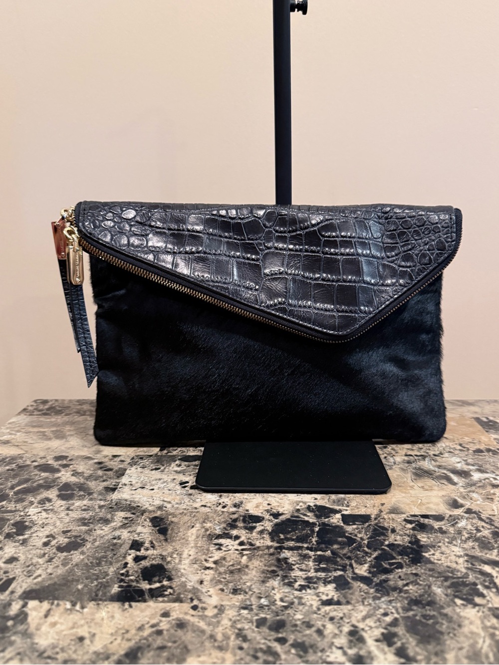 Henri Bendel Black Calf Hair & Croc Embossed Convertible Crossbody Clutch Bag - Picture 3 of 15